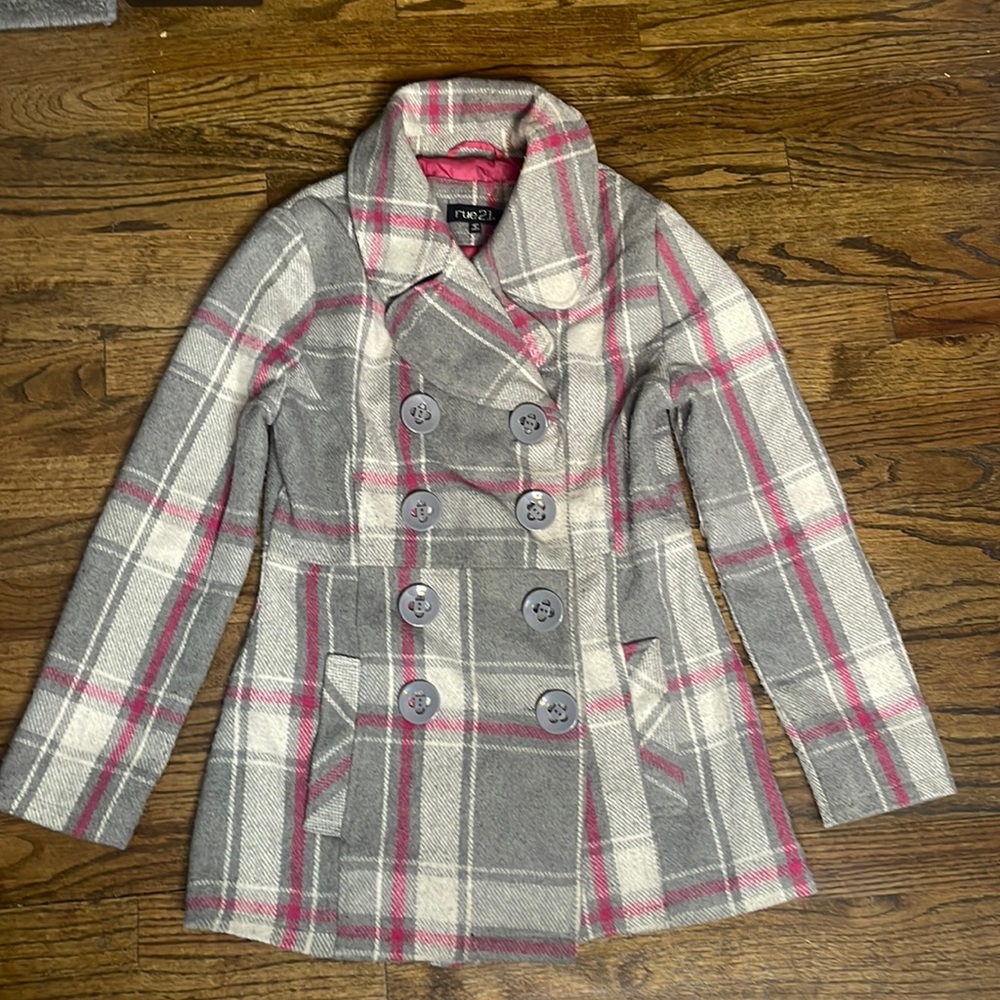 Grey pea coat with pink and white pattern